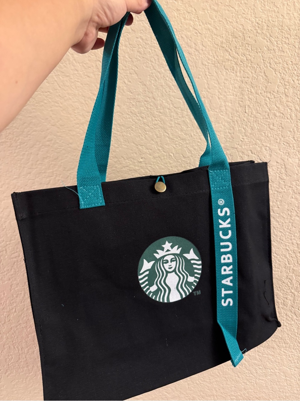 Starbucks Black Tote with Teal Handles and Logo Strap